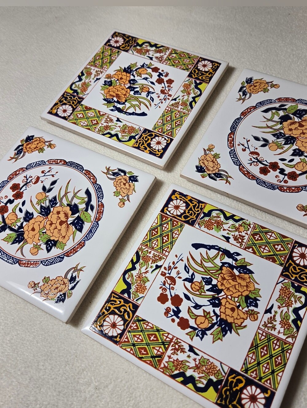 VTG 1970s Shin Lee Taiwan Ceramic Tile Trivets- Set of 4 Asian Floral Coasters
